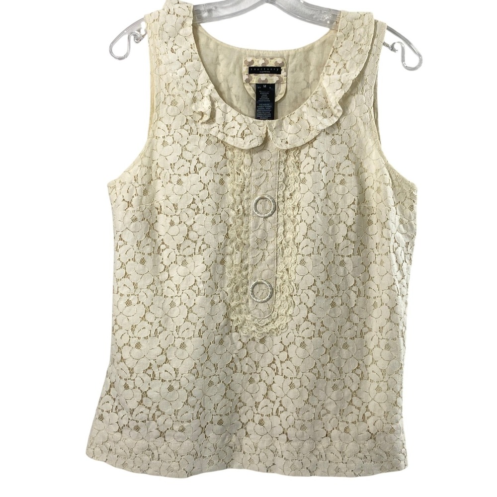Sanctuary Blouse Womens M Lace Ruffle Collar Cream Silk Blend Fairy Romantic Top
